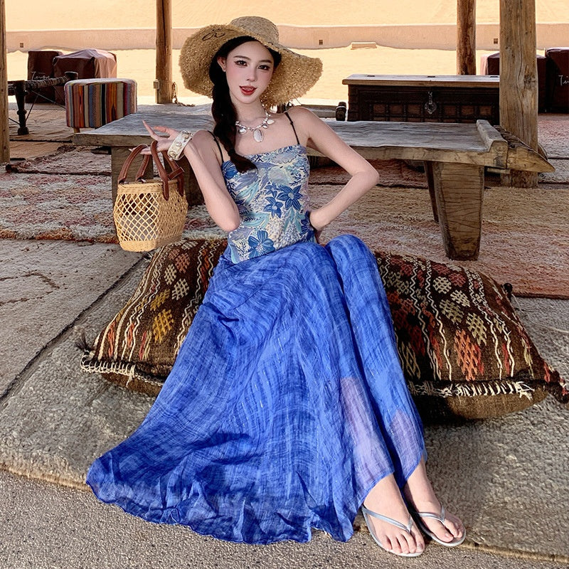 Beach Vacation Style Blue Printed Off-Shoulder Strap Top and Tie-Dye Wide-Leg Pants Two-Piece Set for Women Summer Outfit