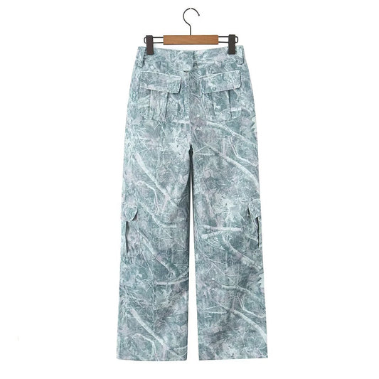 Fashionable pocket workwear low waisted pants denim printed pants