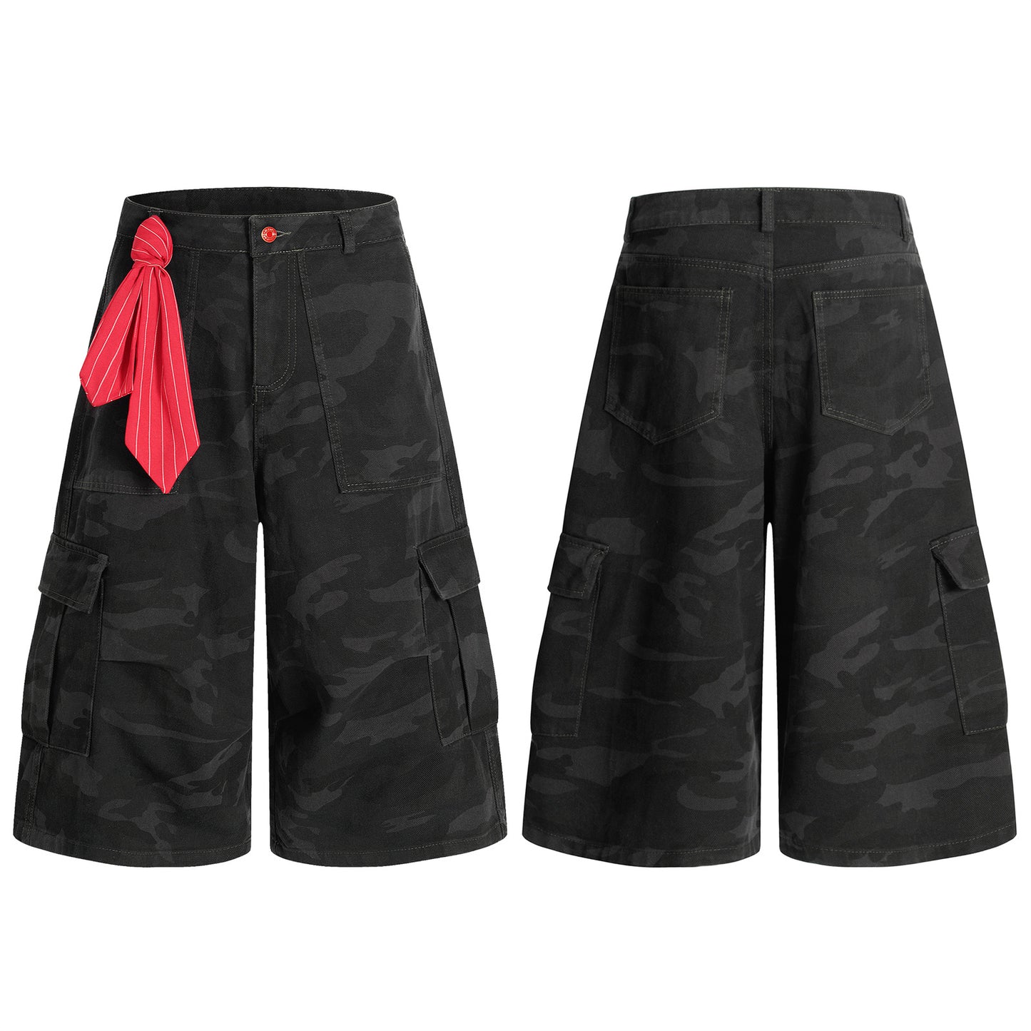 Camouflage Multi-Pocket Ribbon Workwear Capri Pants Unisex Loose Casual Wide-Leg Mid-Length Trousers