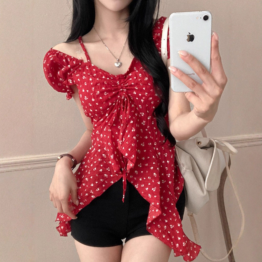 Polka Dot Bubble Sleeve Halter Irregular Tie Top Women's Slim T-Shirt