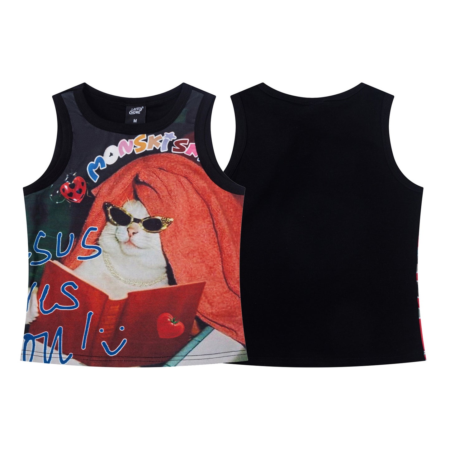 Cartoon Cat Print Tank Top Women Summer Slim Fit Versatile BF Style Undershirt Sleeveless Outerwear