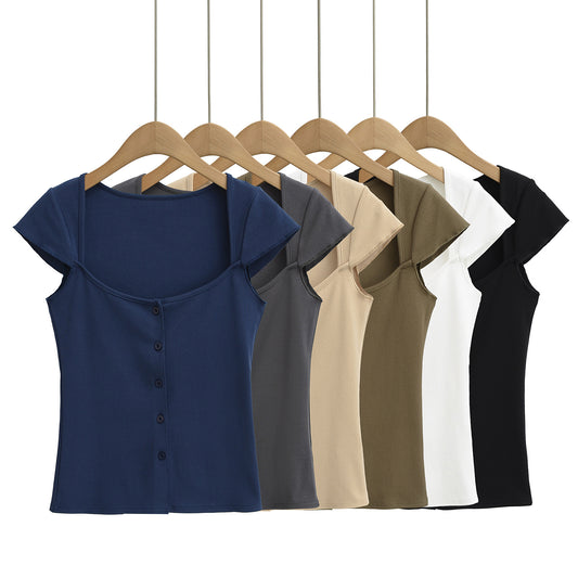 Square Neck Button Short Sleeve Fitted T-Shirt