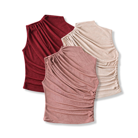 Pleated Fitted High Neck Crop Tank Top