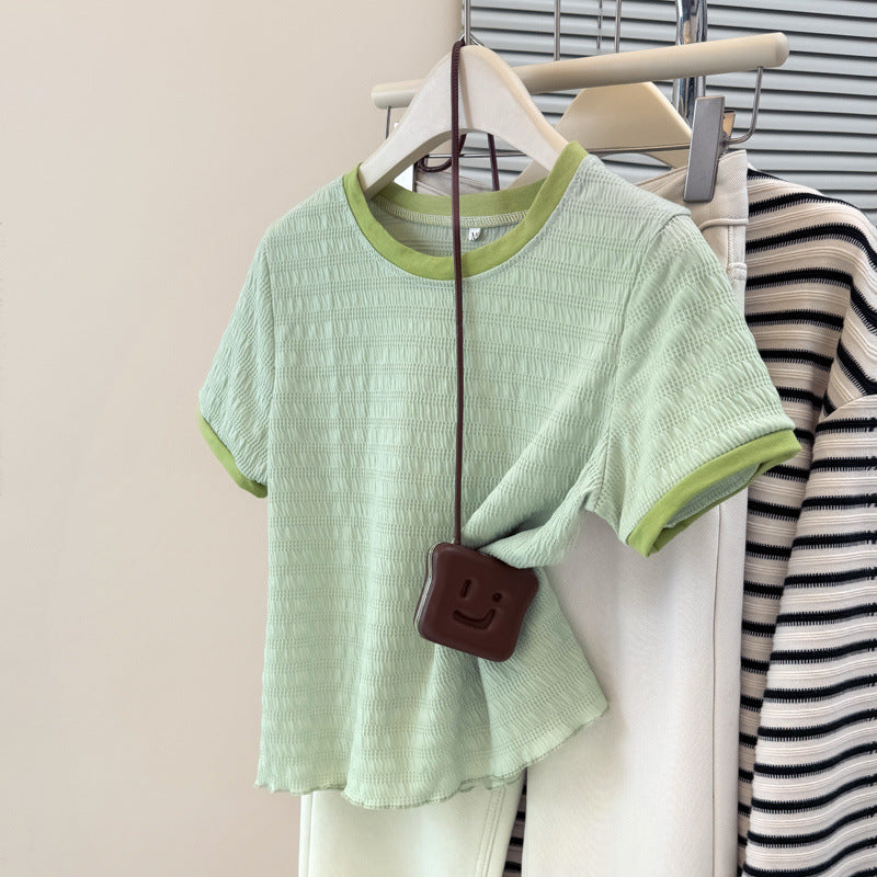 Style Short T-Shirt Women's Slim Fit Korean Version Base Layer with Wooden Edge Half Sleeve Top