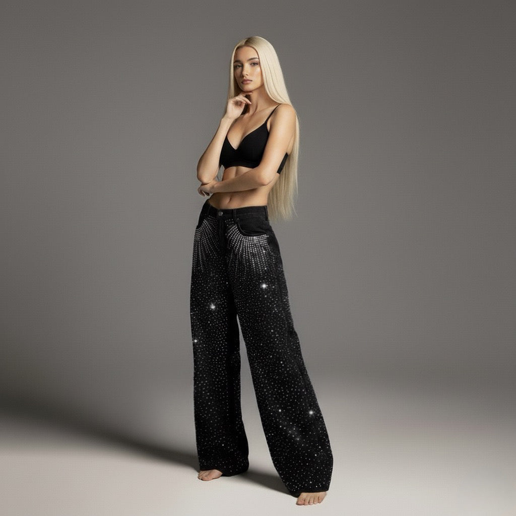 Street Style High-Quality Washed Beaded Loose Denim Long Pants