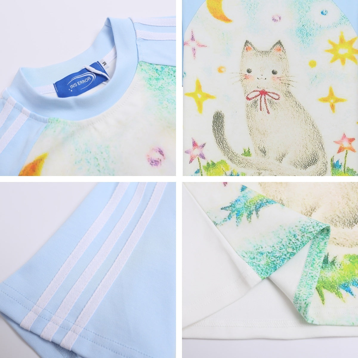 Retro Colorblock Cat Print Short Sleeve T-Shirt Women's Summer Raglan Slim Fit Cropped Spicy Top
