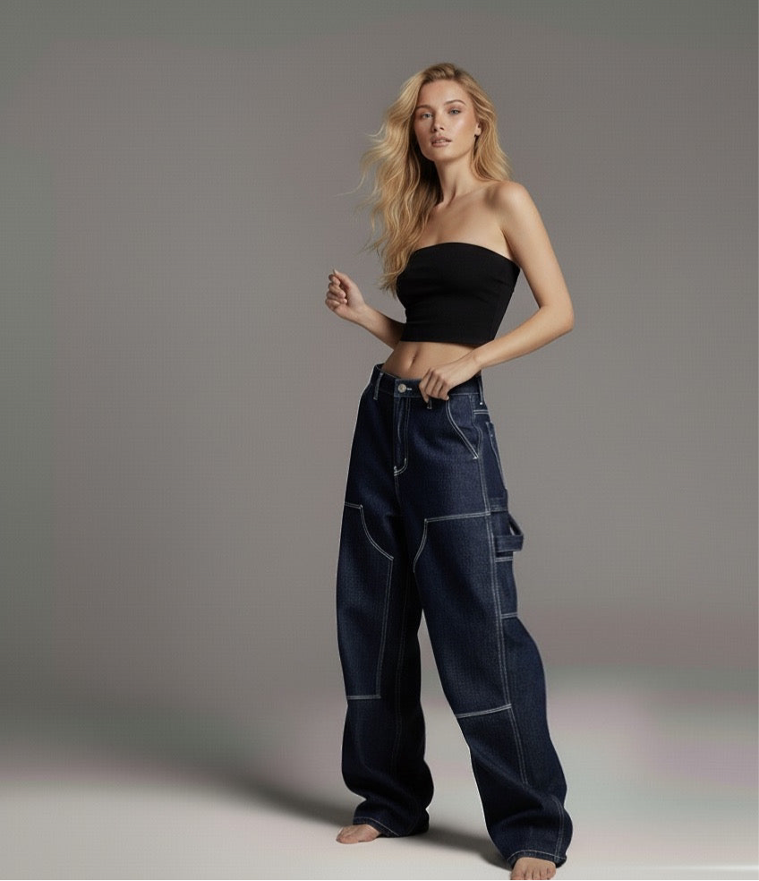 Loose Fit Original Denim Jeans for Men and Women, Deep Color Straight Leg Long Pants Trendy Design