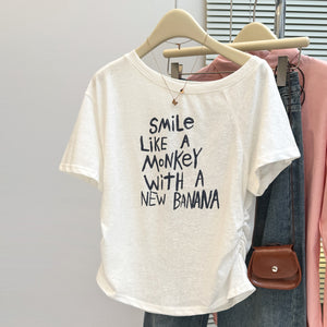 Cotton Pleated Waist Short Sleeve T-Shirt Women's Slim Korean Version Sexy Off-Shoulder Top
