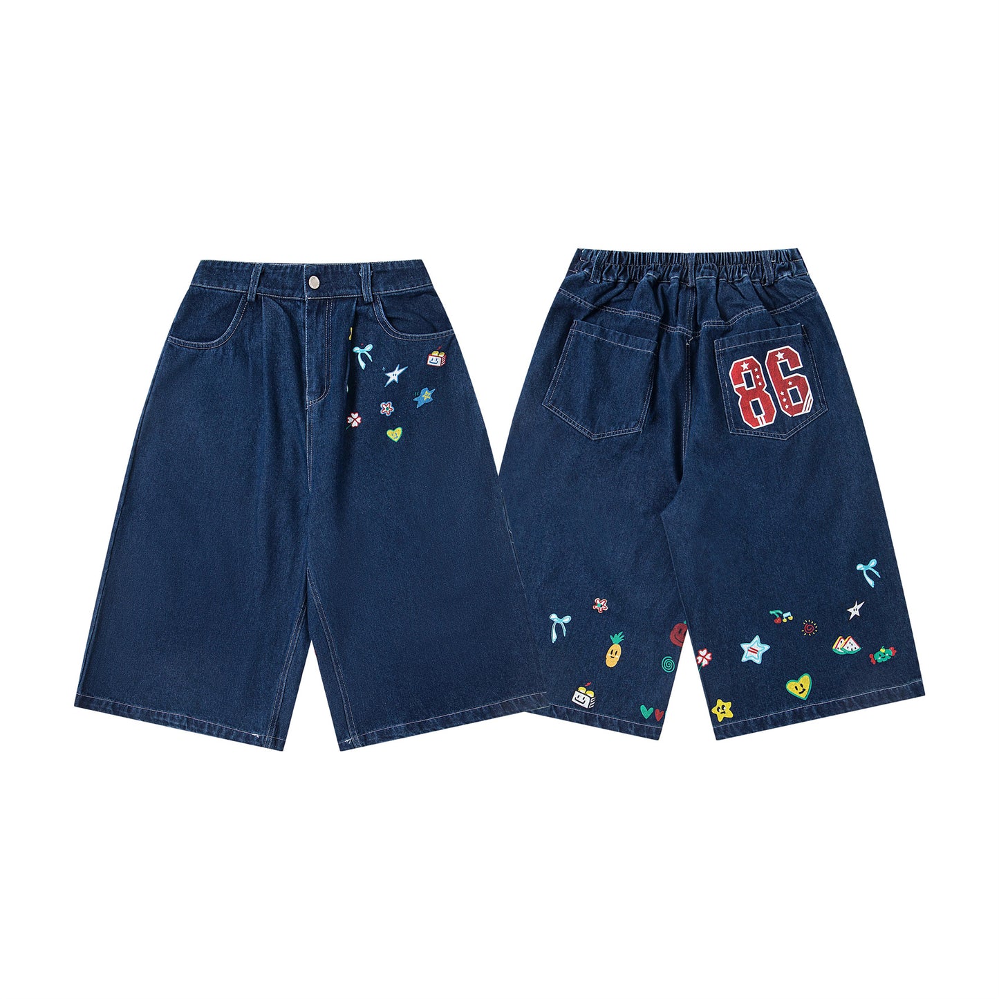 Casual Washed Fun Print Seven-Quarter Denim Pants Men Loose Fit Mid-Length Trousers
