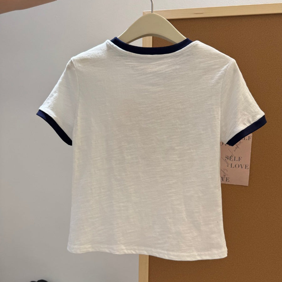 Color Block Letter Print Short Sleeve T-Shirt Women Summer New Slim Korean Style Slub Cotton Top