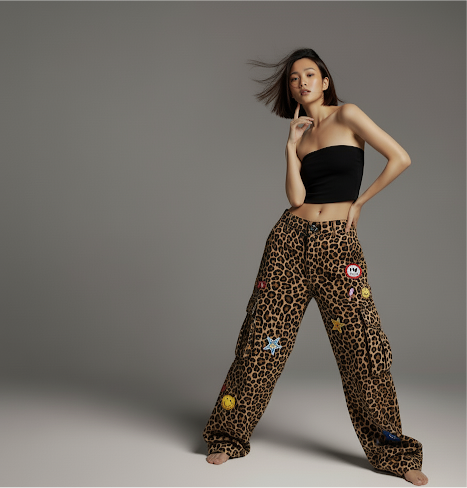 Leopard patterned star towel embroidered washed casual pants