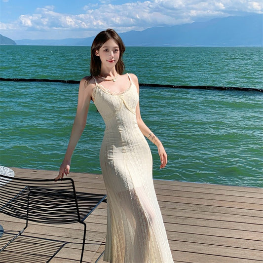 Pure and Sexy White Lace Spliced Strapless Dress Women Unique and Beautiful Long Dress