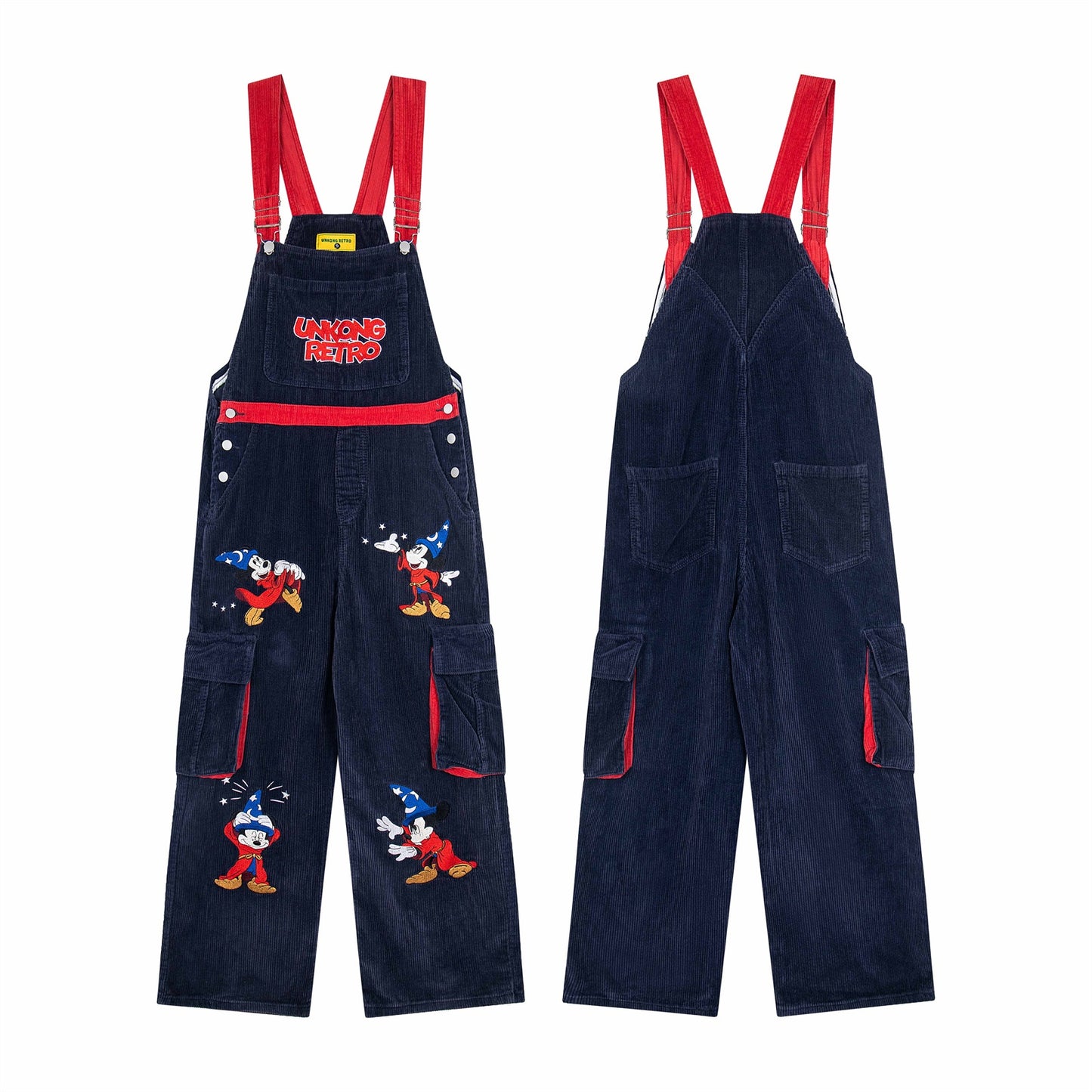 Colorblock Trendy Unique Design Fun Cartoon Embroidery Overalls Unisex Straight Jumpsuit