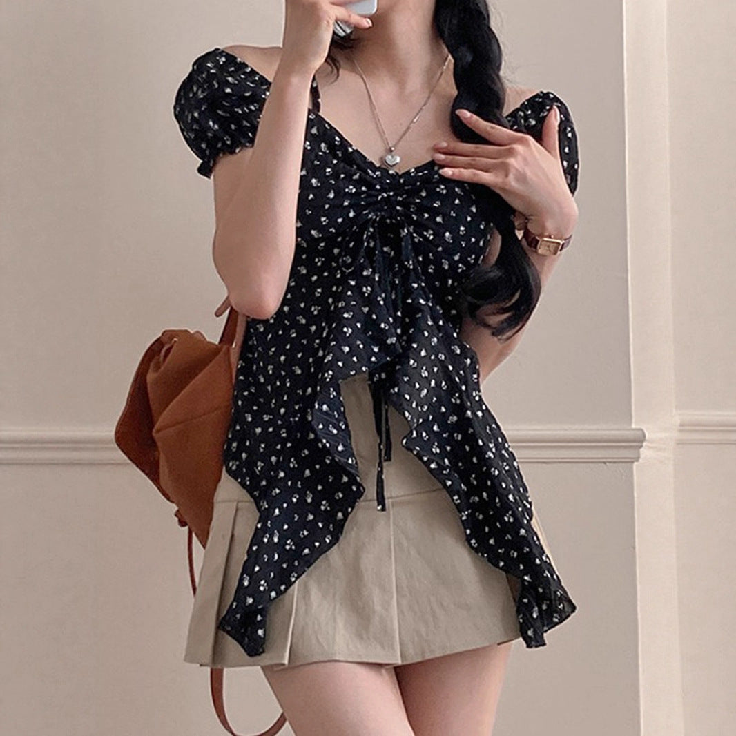 Polka Dot Bubble Sleeve Halter Irregular Tie Top Women's Slim T-Shirt