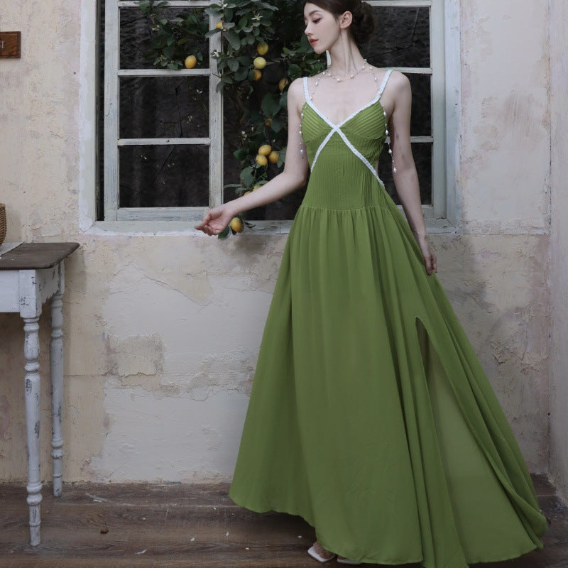 French Fresh Elegant Green V-neck Dress with Strapless Design