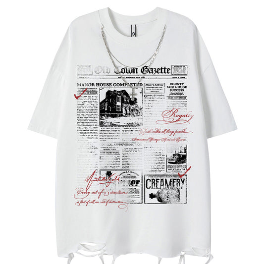 Short Sleeve T-Shirt with Ripped Hem and Chain for Men's Dance