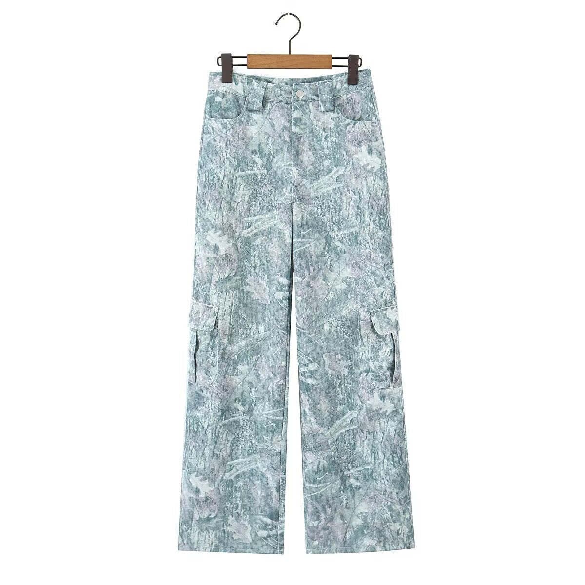 Fashionable pocket workwear low waisted pants denim printed pants