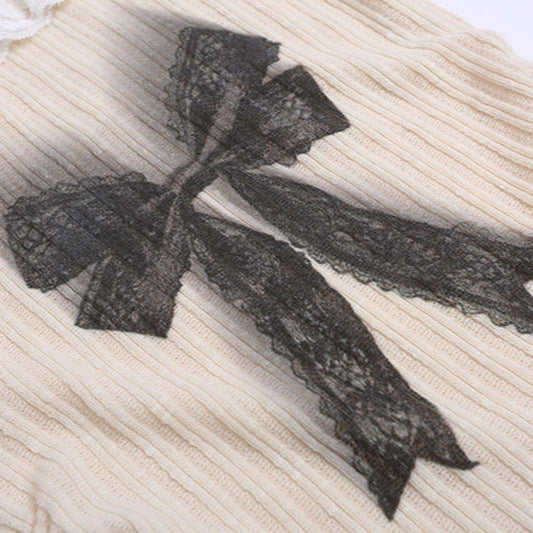 French Lace Trim Short Sleeve T-Shirt Women Round Neck Bow Print Slim Knit Top