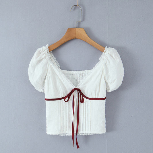 Lace V-neck waist cinched bubble sleeve shirt