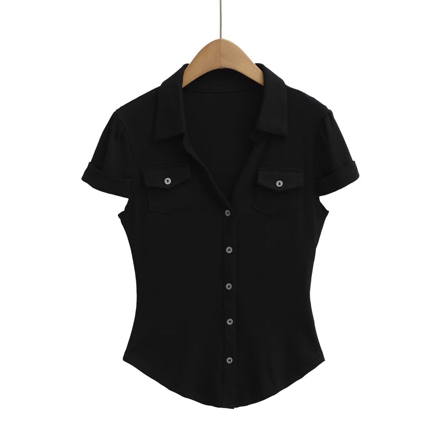 Polo Collar Waist-Cinched Slim Fit Chest Pocket Casual Short Sleeve Shirt