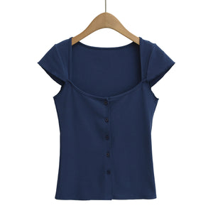 Square Neck Button Short Sleeve Fitted T-Shirt