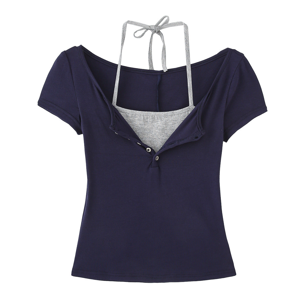 Fake Two-Piece Halter Tie Slim Fit Short Sleeve Top for Women