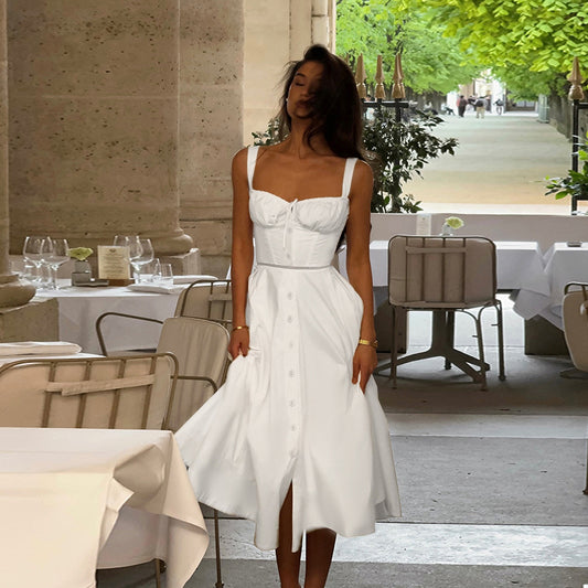 U-Neck Spliced Drawstring Lace-Up Waist Hollow Out Strapless Dress