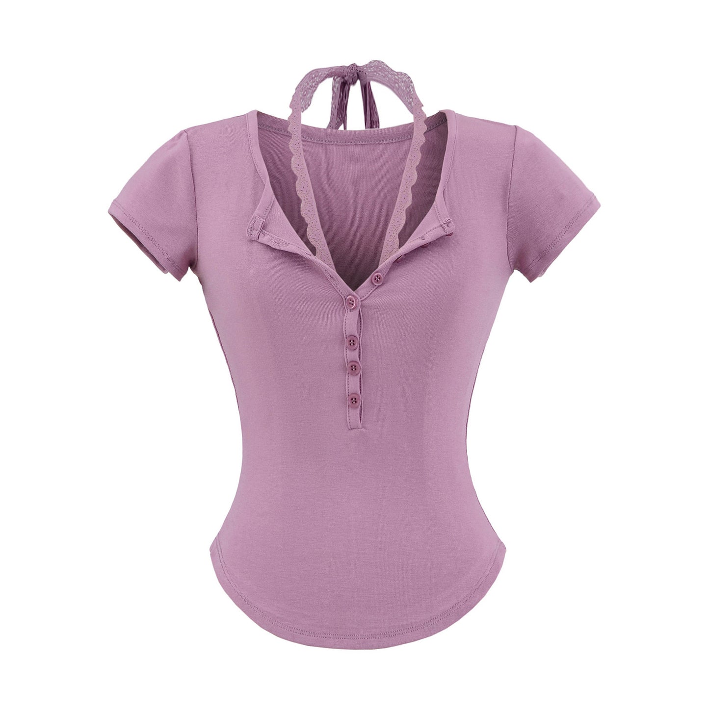 Slim fit V-neck lace short sleeved T-shirt