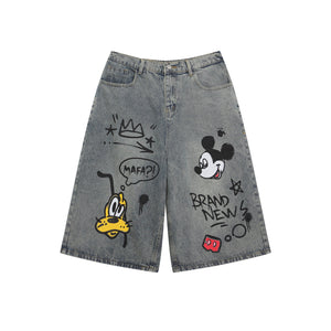 High Street Retro Washed Mickey Print Seven-Quarter Denim Pants Summer Couple Straight Loose Wide-Leg Mid-Length Trousers