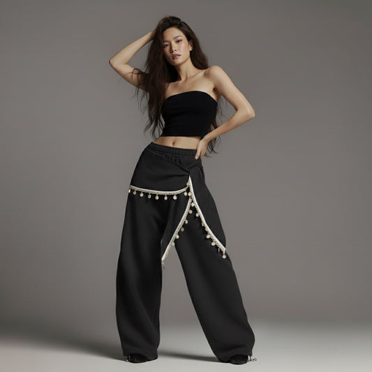 Lace fart curtain layered on sweatpants