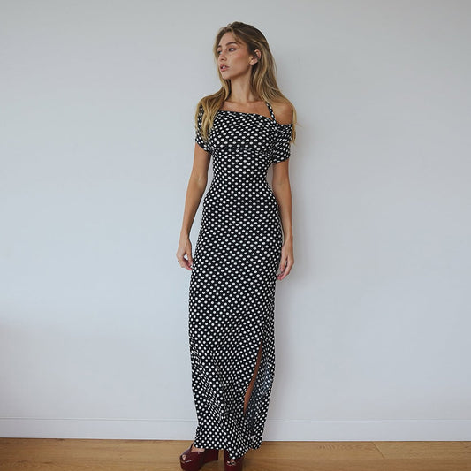 Strapless neck hanging slim fit women's polka dot dress