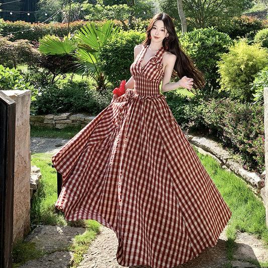 Plaid Vacation Handmade Flower Tie Strapless Dress for Women Spring Summer