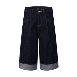 Street Style Spliced Hem Topstitching Denim Shorts Unisex Loose Wide-Leg Straight Leg Five-Point Pants