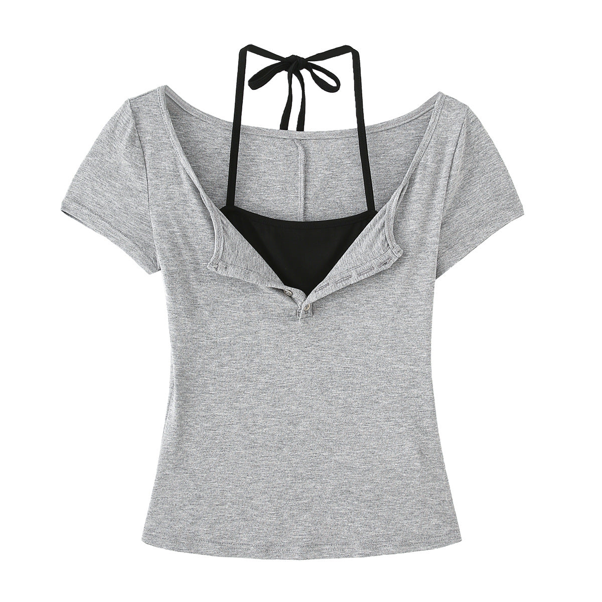 Fake Two-Piece Halter Tie Slim Fit Short Sleeve Top for Women