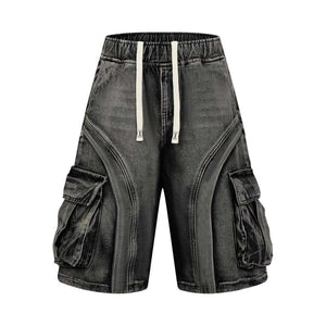 Retro Washed Patchwork Multi-Pocket Denim Cargo Shorts Unisex Loose Mid-Length Pants