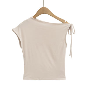 Irregular off shoulder strap slim fit short base top T-shirt