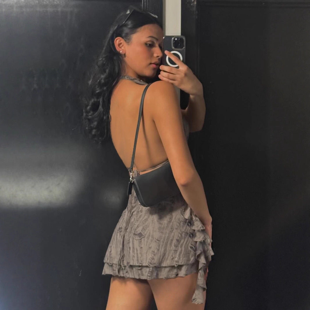 Streetwear Wasteland Style Sexy Off-the-Shoulder Irregular Strapless Backless Dress Deep V-Neck Distressed Mini Skirt