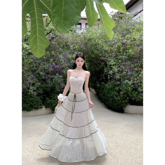 Real Lace Splicing Jacquard Strapless Fitted Sleeveless Innerwear + Extra Large Cake Tulle Skirt