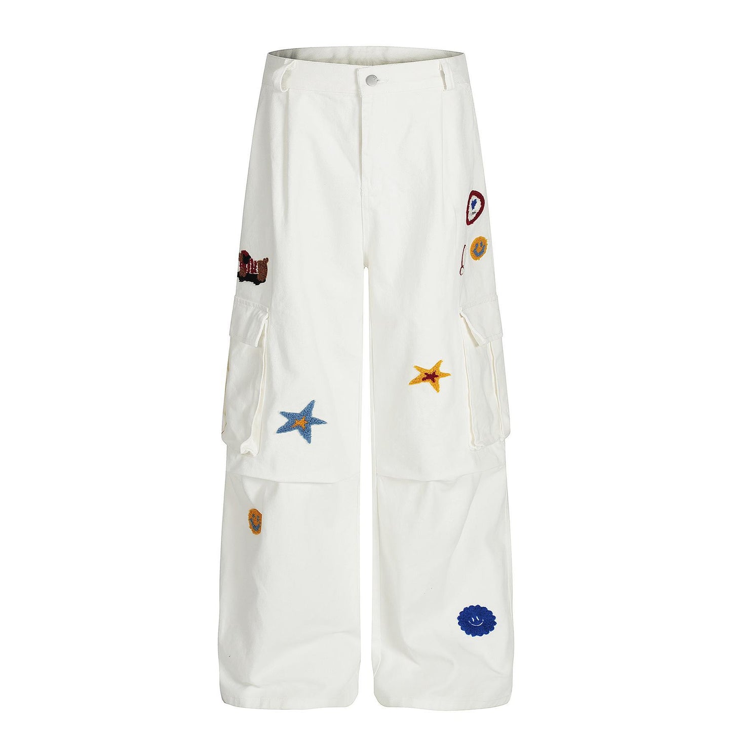 Large pocket embroidered workwear casual pants