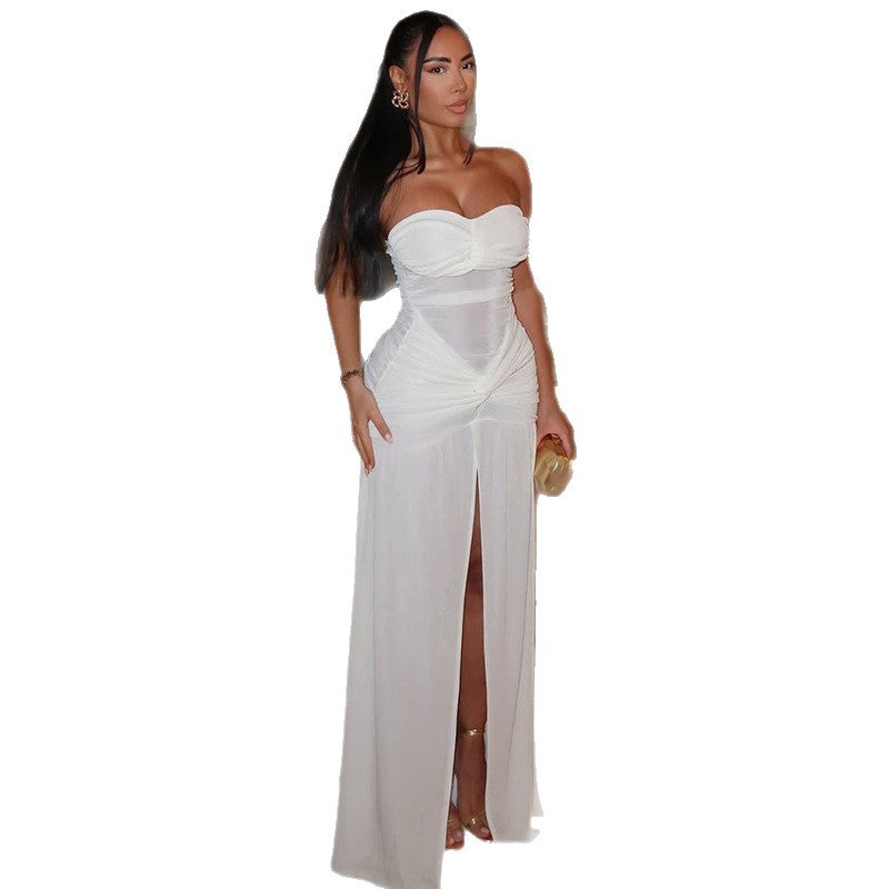 Women's Mesh Backless Slit Pencil Skirt Tube Top Slightly Transparent Solid Color Long Dress