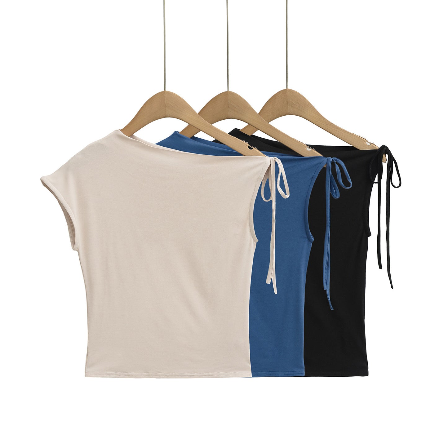 Irregular off shoulder strap slim fit short base top T-shirt