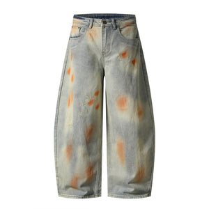 Retro Washed Distressed Unique Design Flared Denim Pants Unisex Loose Wide Leg Casual Long Trousers