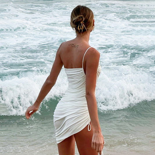 Women's Slim Fit Solid Color Sleeveless Drawstring Shirred Irregular