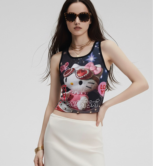 Kitty Cat Full Print Elastic Tank Top Women Slim Spicy Girl Undershirt Sleeveless Outerwear
