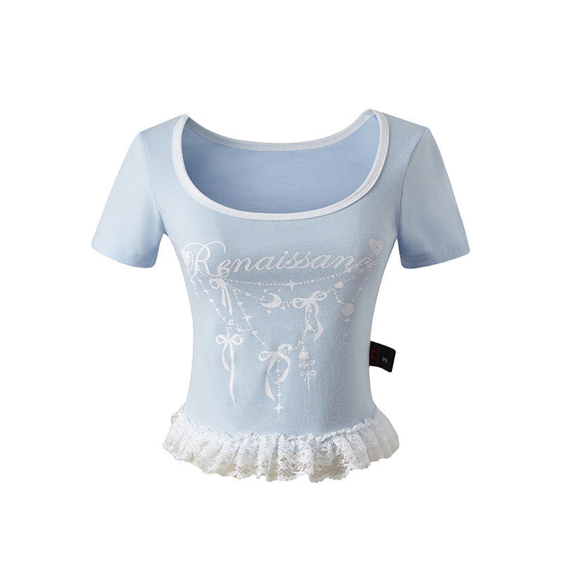 Splicing Square Neck Short Sleeve T-Shirt Women Summer Slim Fit Shoulder Short Top