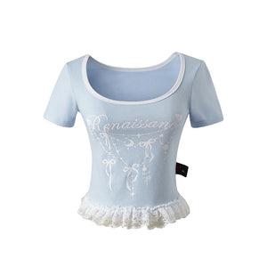 Splicing Square Neck Short Sleeve T-Shirt Women Summer Slim Fit Shoulder Short Top