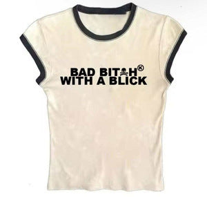 Street Style Letter Print Slim Fit Women's T-Shirt Printed Summer Top