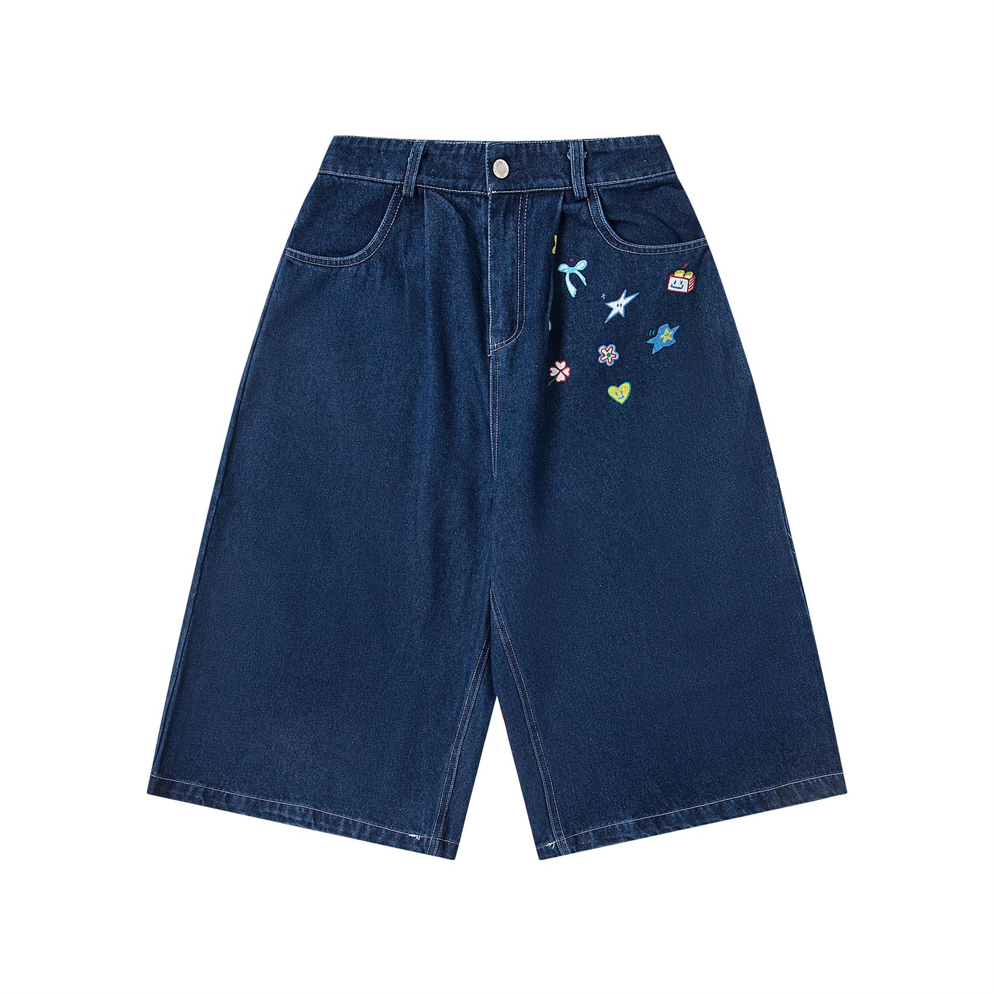 Casual Washed Fun Print Seven-Quarter Denim Pants Men Loose Fit Mid-Length Trousers
