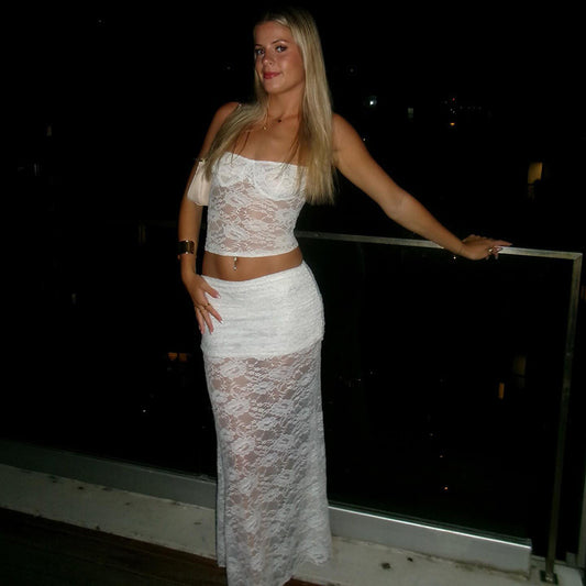 Sexy Fitted Two-Piece Set Lace Sheer Strap Top and Skirt