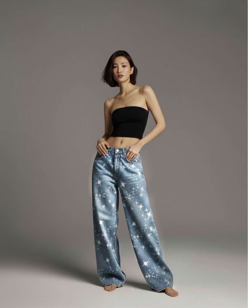 Washed Rhinestone Star Print Jeans